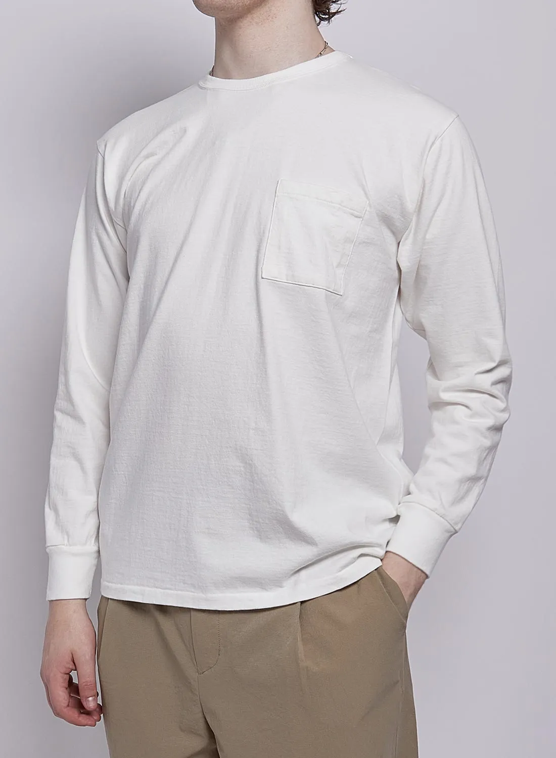 Allevol Heavy Duty Crew Neck Pocket Long Sleeve T-Shirt in White sold by Nigel Cabourn product image thumbnail 4