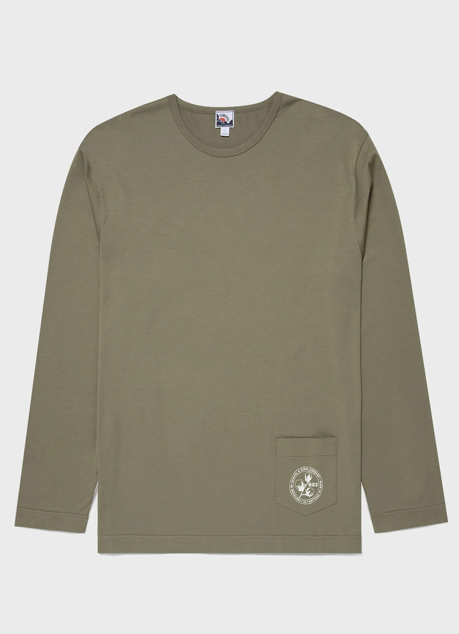 Nigel Cabourn x Sunspel Long Sleeve Pocket T-Shirt in Army Green sold by Nigel Cabourn