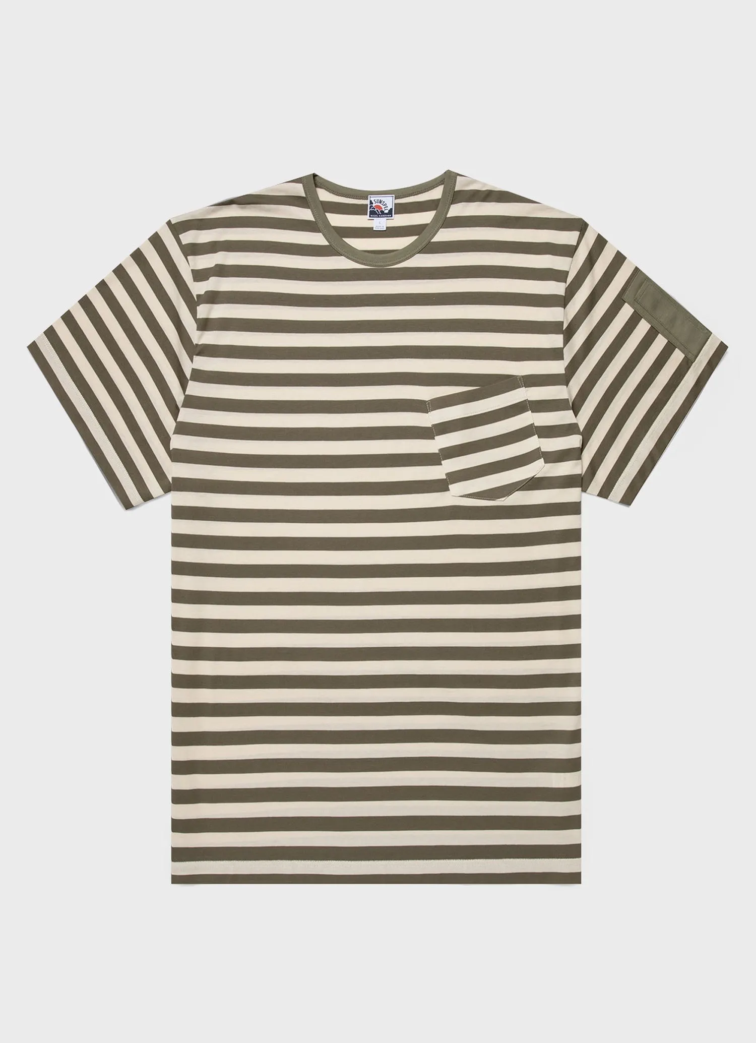 Nigel Cabourn x Sunspel Short Sleeve Pocket T-Shirt in Army/Stone Stripe sold by Nigel Cabourn