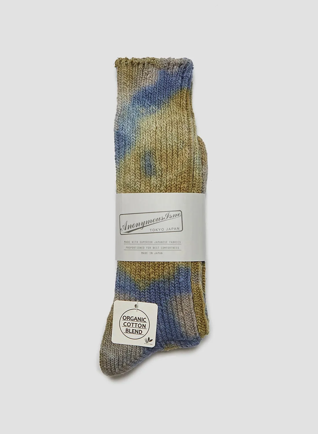 Anonymous Ism L/G Organic Crew Sock in Khaki/Dark Indigo sold by Nigel Cabourn