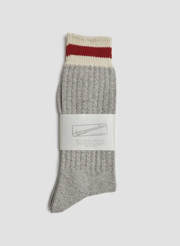 Anonymous Ism Tuck Cuff Stripes Crew Sock in Grey Melange sold by Nigel Cabourn