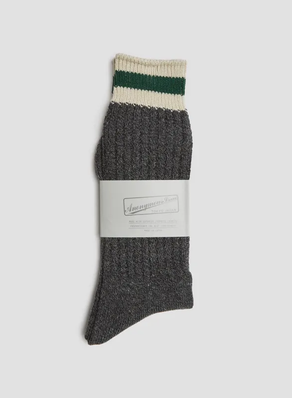 Anonymous Ism Tuck Cuff Stripes Crew Sock in Charcoal sold by Nigel Cabourn