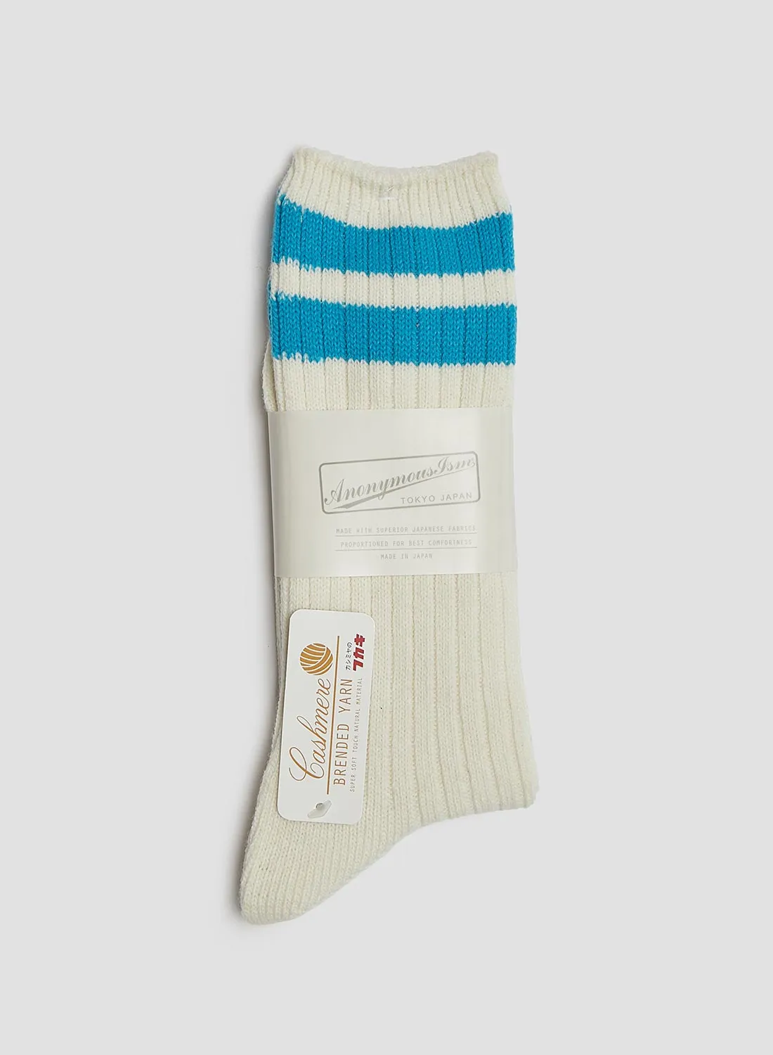 Anonymous Ism Wool Cashmere Neon Stripes Crew Sock in Off White sold by Nigel Cabourn