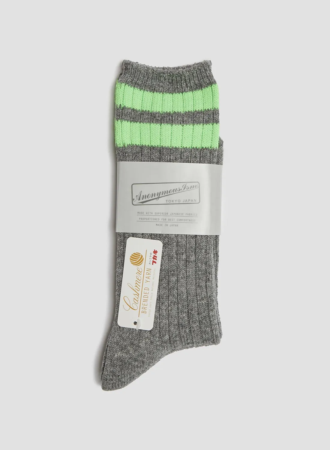 Anonymous Ism Wool Cashmere Neon Stripes Crew Sock in Mid Grey sold by Nigel Cabourn