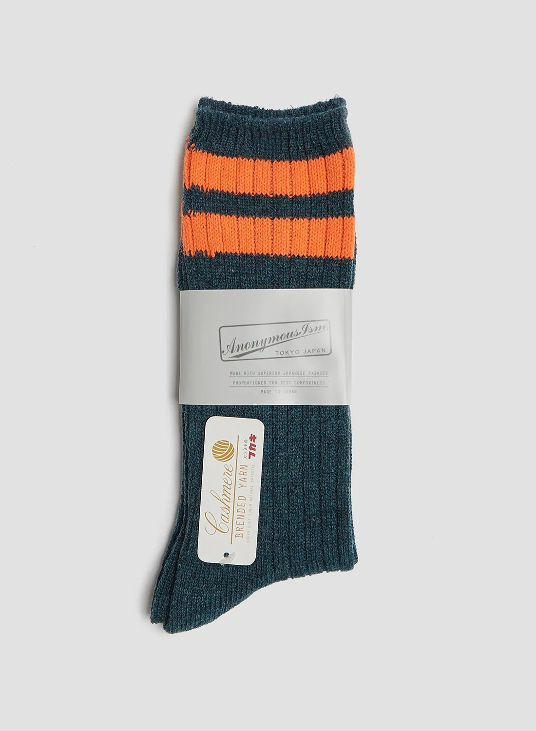 Anonymous Ism Wool Cashmere Neon Stripes Crew Sock in Ink Blue sold by Nigel Cabourn