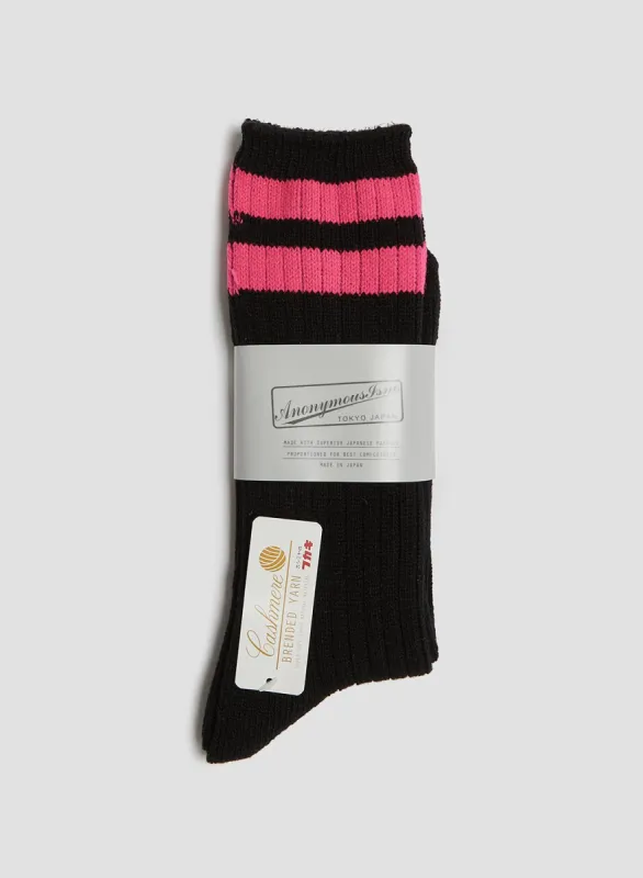 Anonymous Ism Wool Cashmere Neon Stripes Crew Sock in Black sold by Nigel Cabourn