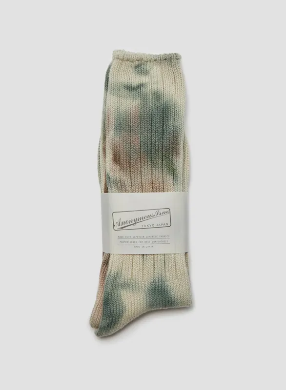 Anonymous Ism Scatter Dye Crew Sock in Khaki Melange sold by Nigel Cabourn