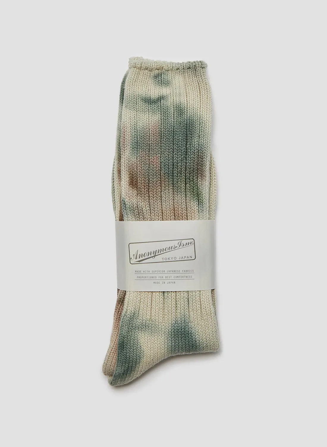 Anonymous Ism Scatter Dye Crew Sock in Khaki Melange sold by Nigel Cabourn