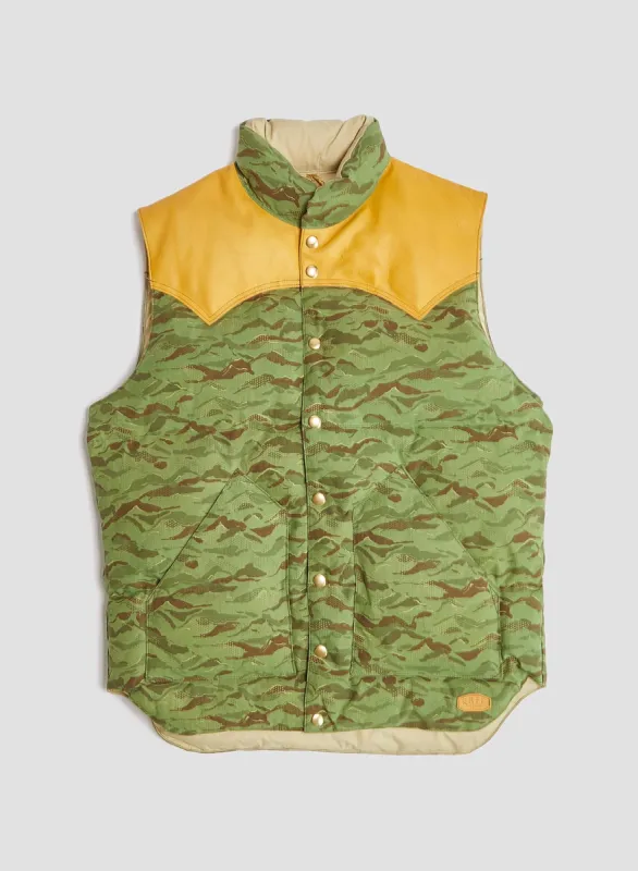 Rocky Mountain Featherbed x Nigel Cabourn Down Vest Mountain Camo in Green sold by Nigel Cabourn