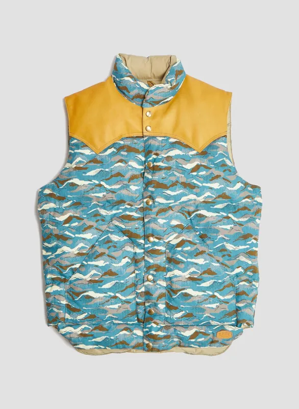 Rocky Mountain Featherbed x Nigel Cabourn Down Vest Mountain Camo in Blue sold by Nigel Cabourn