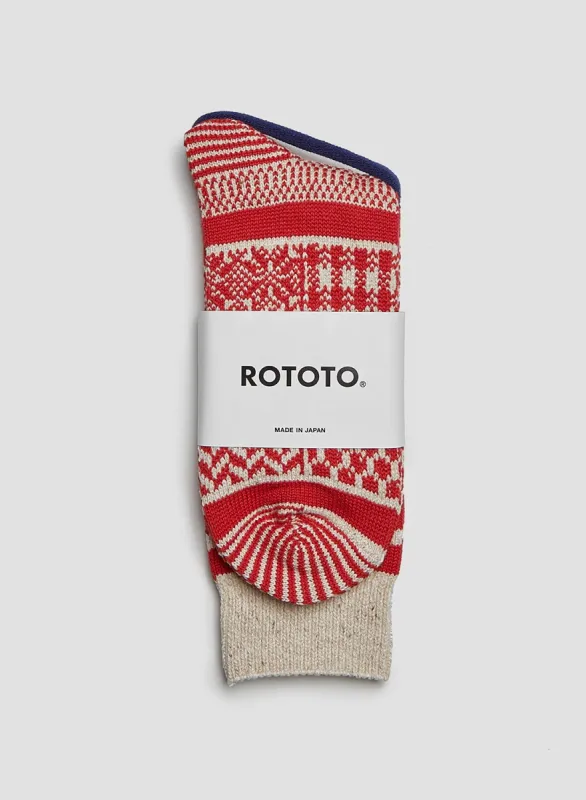 Rototo Multi Jacquard Crew Sock in Ivory/Red sold by Nigel Cabourn