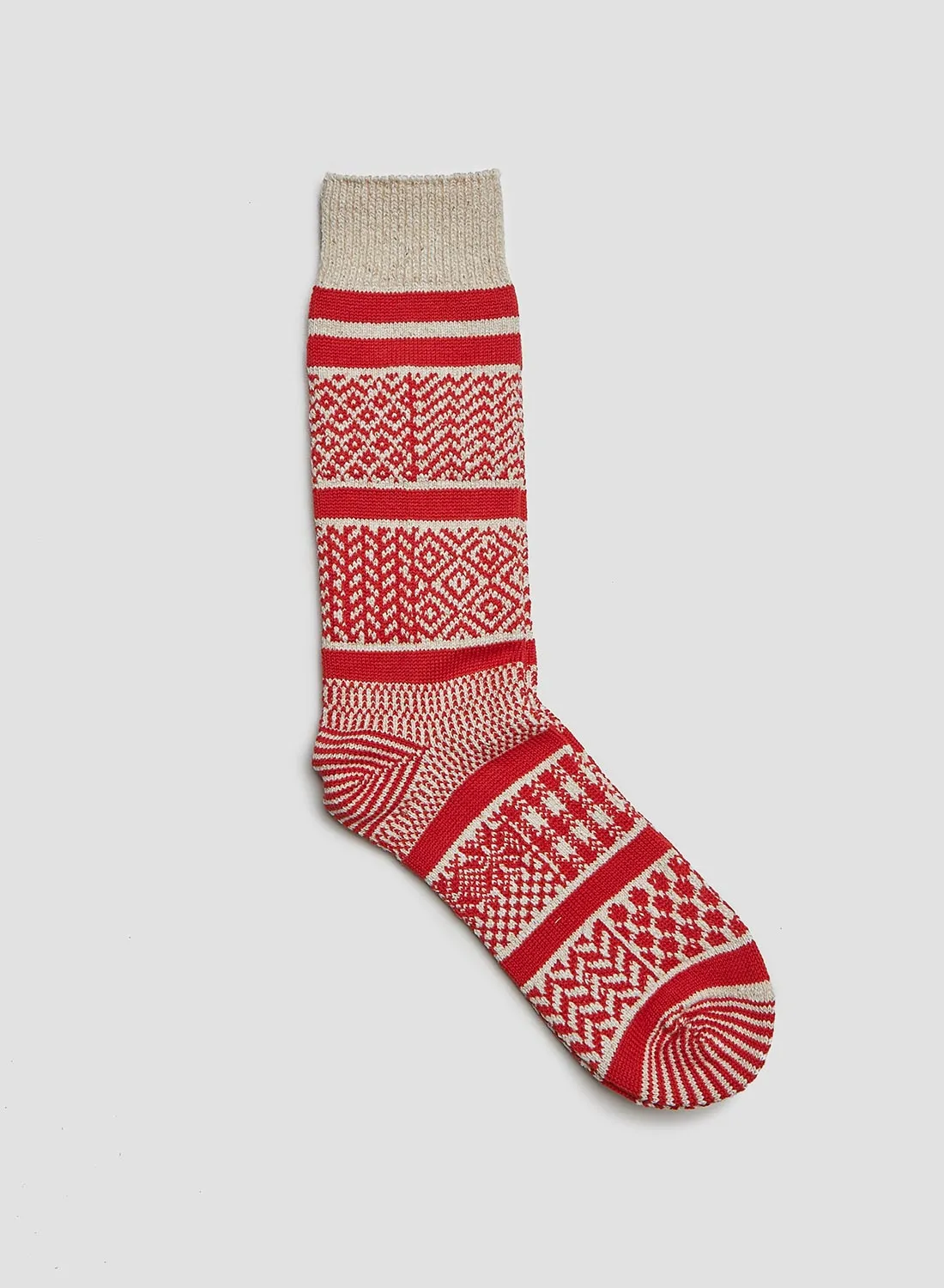 Rototo Multi Jacquard Crew Sock in Ivory/Red sold by Nigel Cabourn product image thumbnail 3