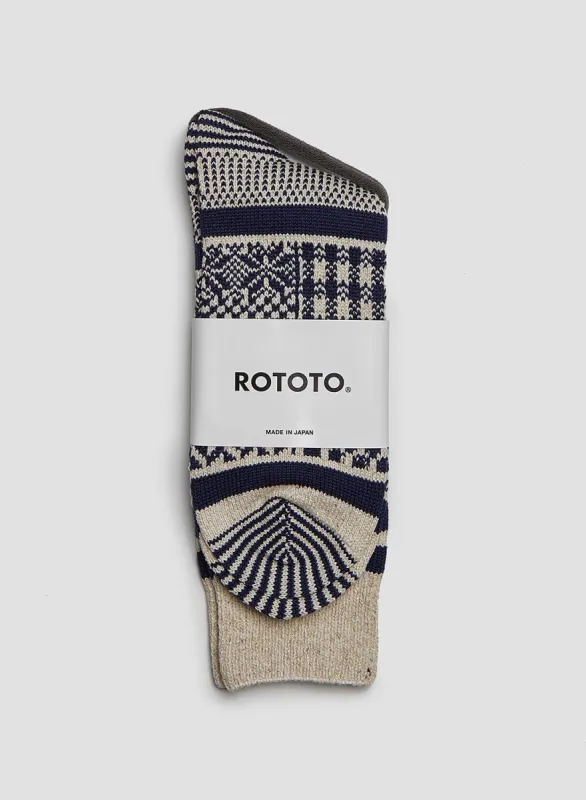 Rototo Multi Jacquard Crew Sock in Ivory/Navy sold by Nigel Cabourn
