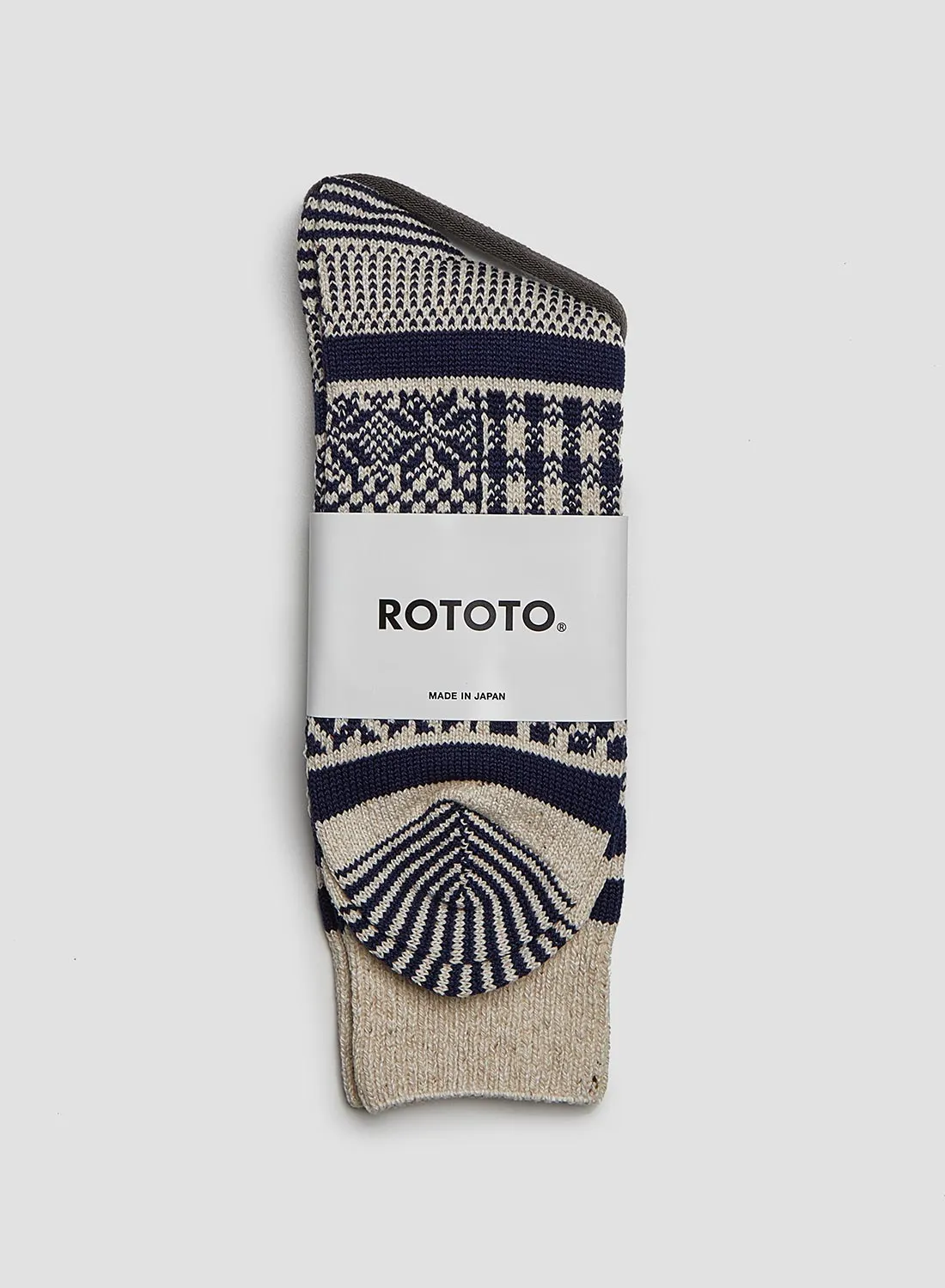 Rototo Multi Jacquard Crew Sock in Ivory/Navy sold by Nigel Cabourn
