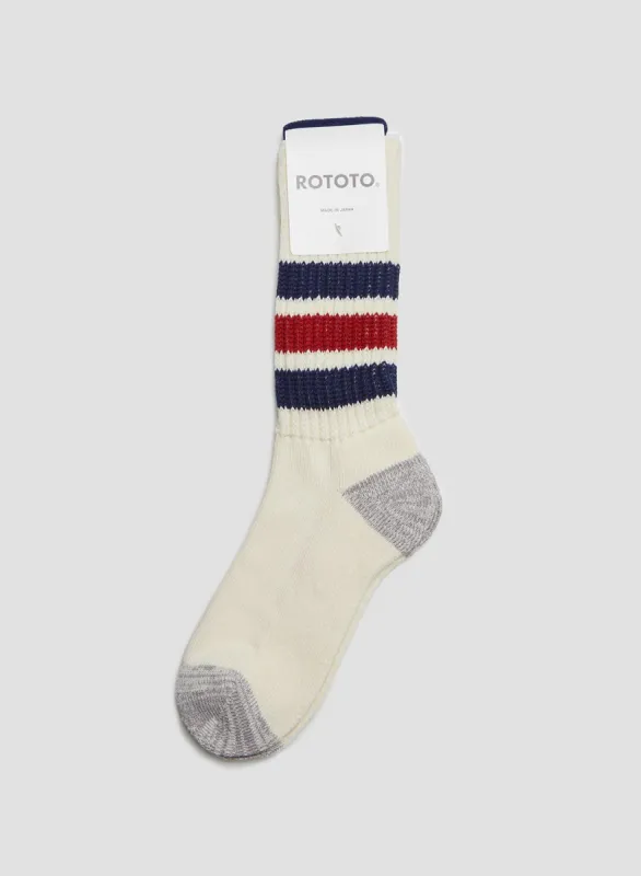 Rototo Coarse Ribbed Oldschool Crew Sock in Navy/Dark Red sold by Nigel Cabourn