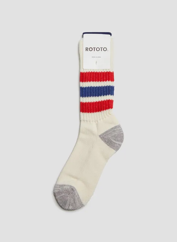 Rototo Coarse Ribbed Oldschool Crew Sock in Chili Red/Blue sold by Nigel Cabourn