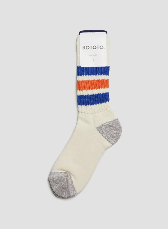 Rototo Coarse Ribbed Oldschool Crew Sock in Blue/Orange sold by Nigel Cabourn