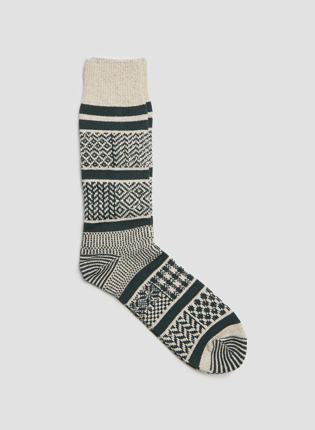 Rototo Multi Jacquard Crew Sock in Ivory/Dark Green sold by Nigel Cabourn product image thumbnail 3
