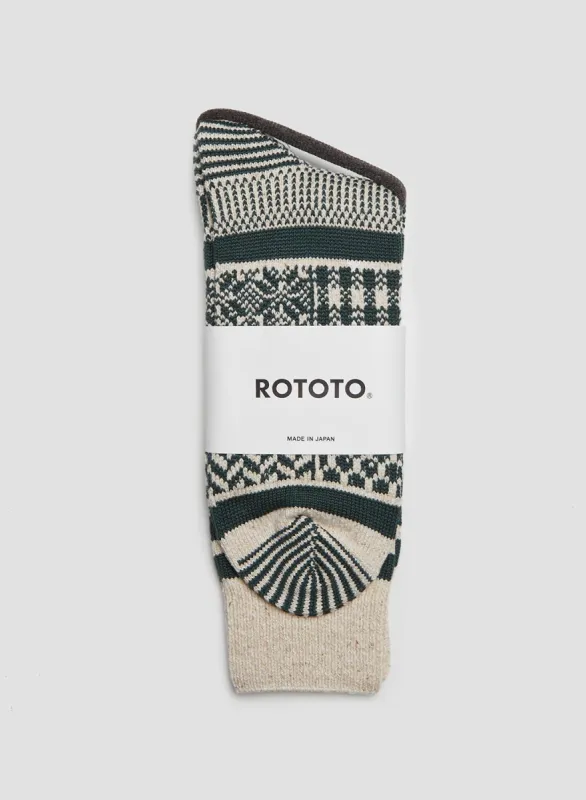 Rototo Multi Jacquard Crew Sock in Ivory/Dark Green sold by Nigel Cabourn