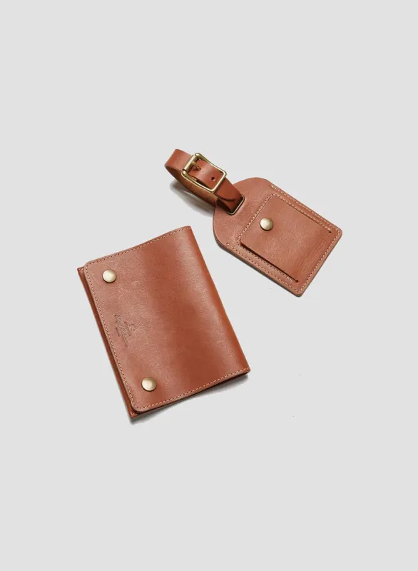 Passport Cover & Luggage Tag Leather Set in Tan sold by Nigel Cabourn