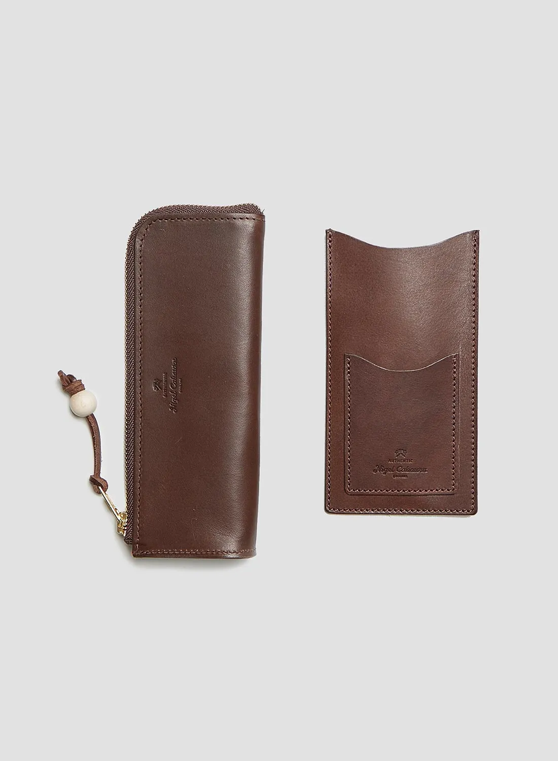 Pencil Case & Glasses Case Leather Set in Dark Brown sold by Nigel Cabourn