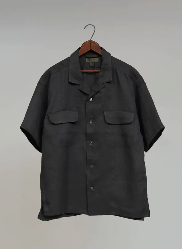 Open Collar Shirt Linen Twill in Charcoal sold by Nigel Cabourn