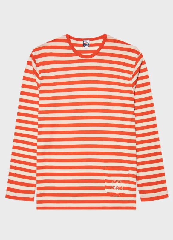 Nigel Cabourn x Sunspel Long Sleeve Pocket T-Shirt in Orange/Stone Stripe sold by Nigel Cabourn