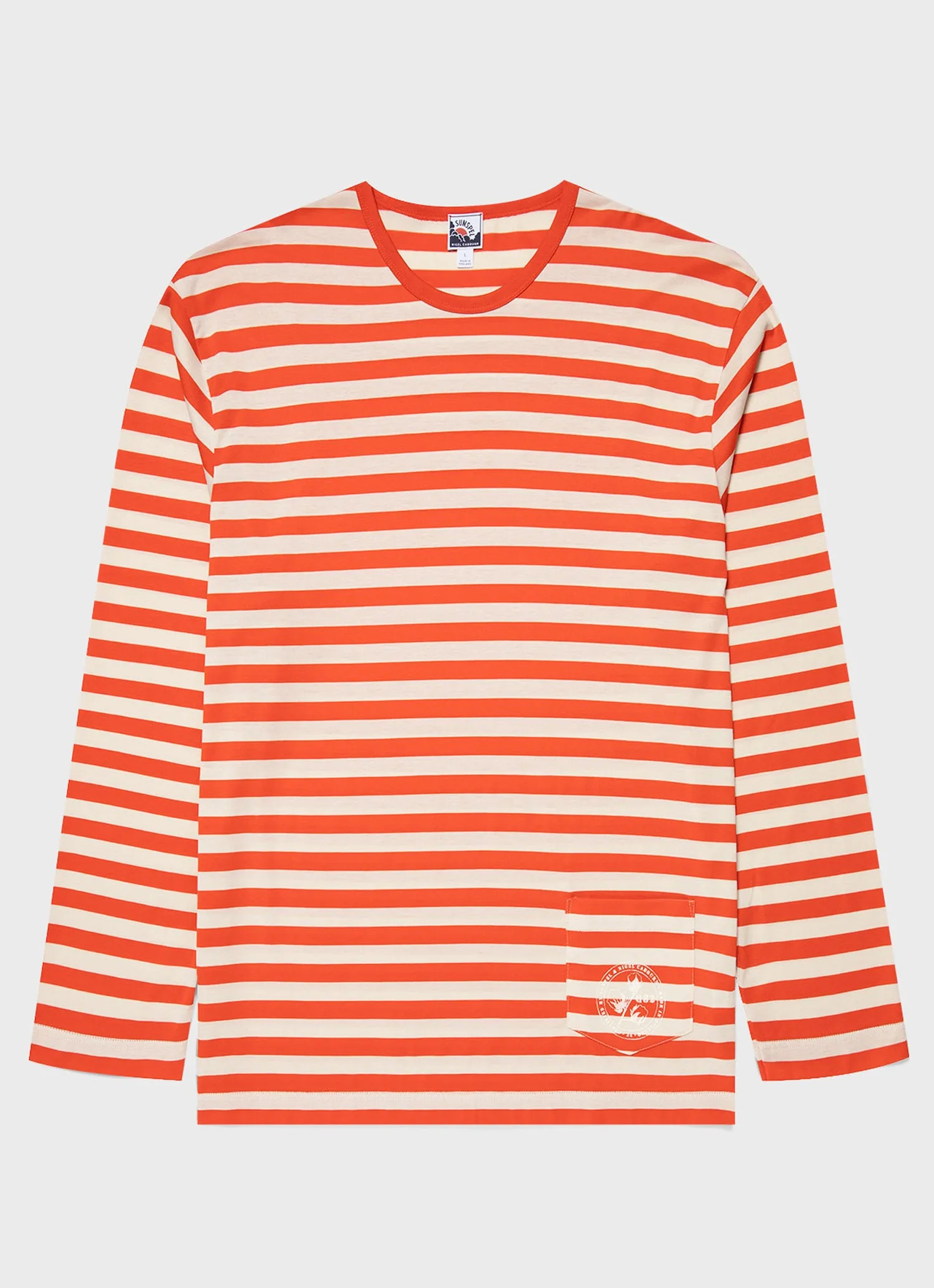 Nigel Cabourn x Sunspel Long Sleeve Pocket T-Shirt in Orange/Stone Stripe sold by Nigel Cabourn