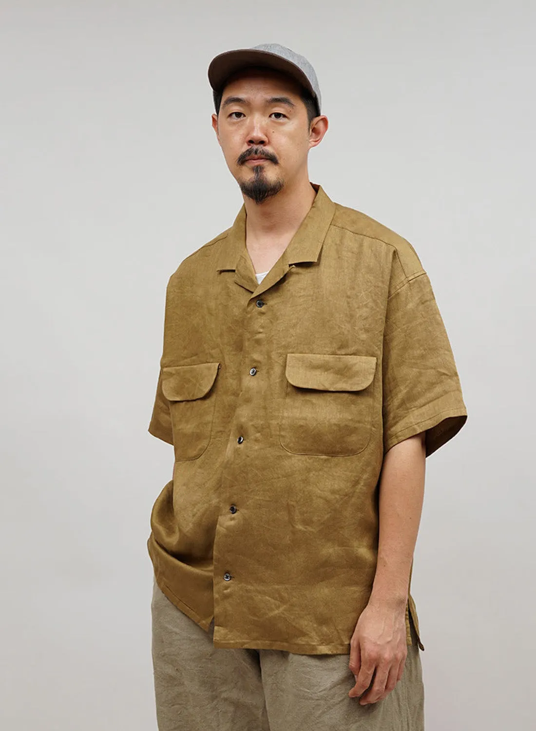 Open Collar Shirt Linen Twill in Khaki sold by Nigel Cabourn product image thumbnail 2
