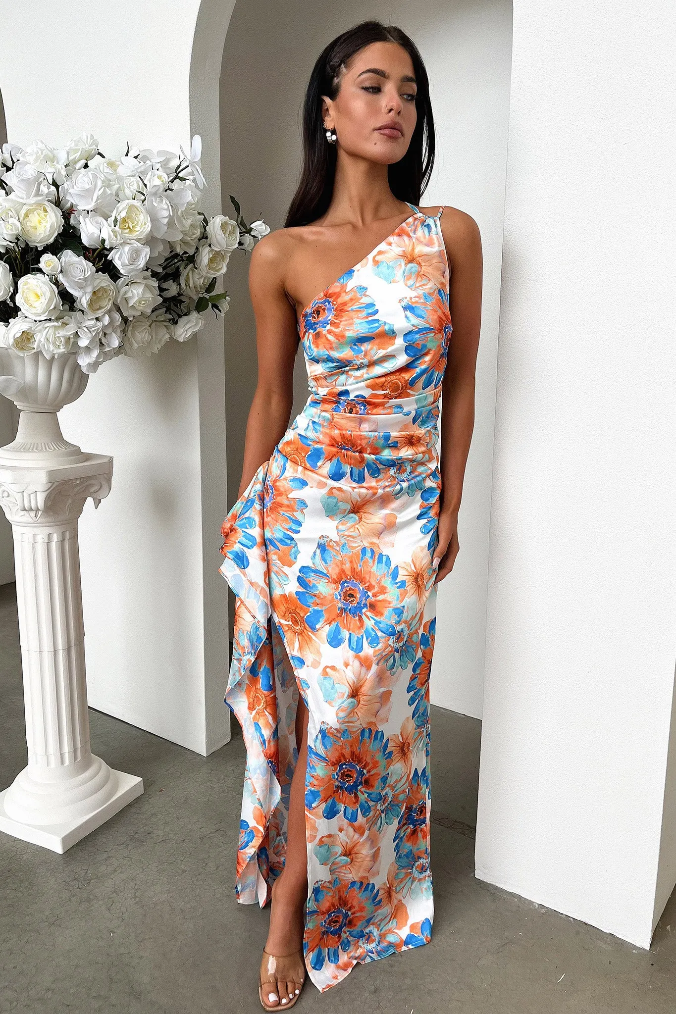 Elianna One Shoulder Satin Maxi Dress - Blue Floral sold by Thats So Fetch product image thumbnail 3