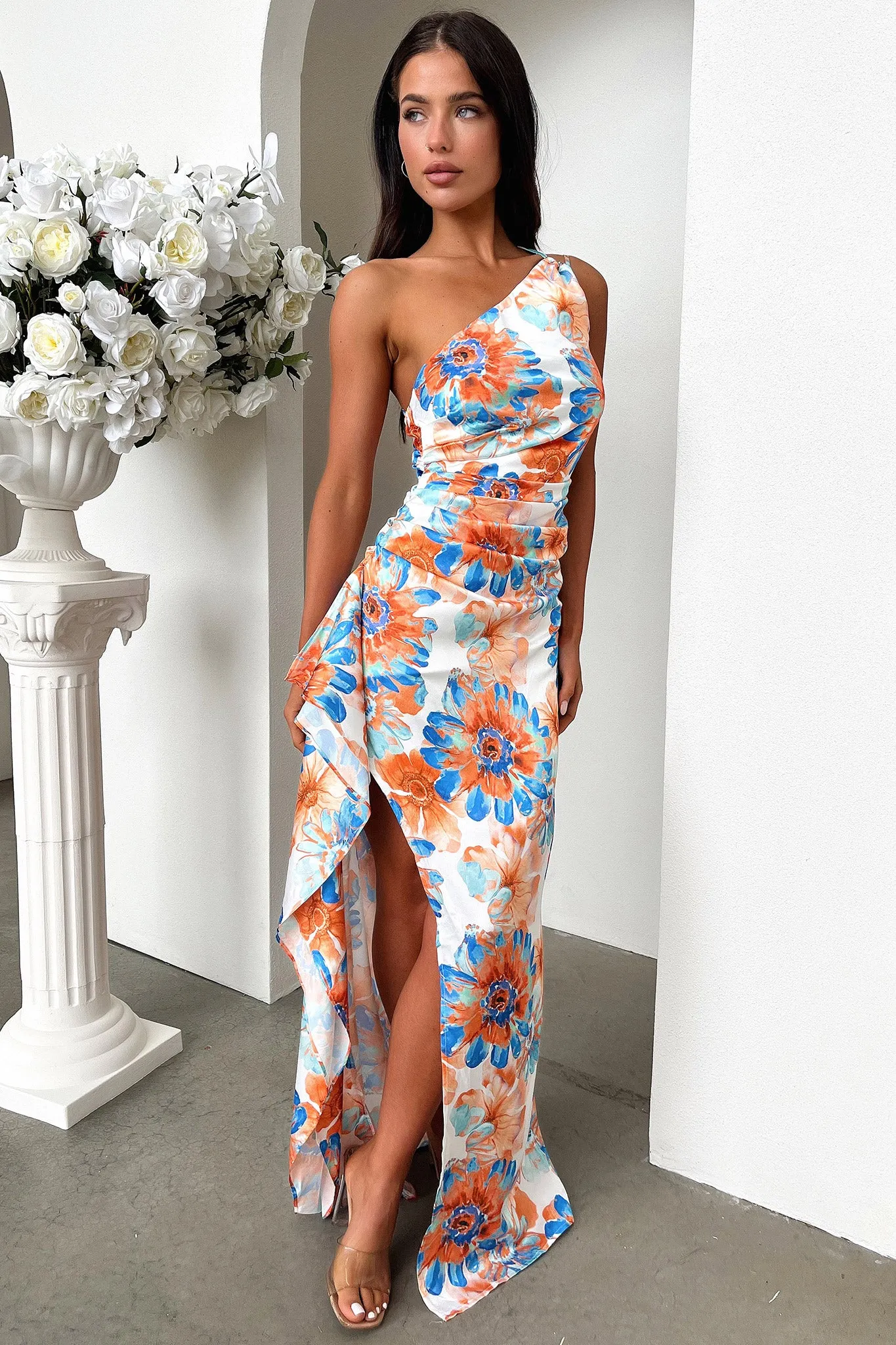 Elianna One Shoulder Satin Maxi Dress - Blue Floral sold by Thats So Fetch