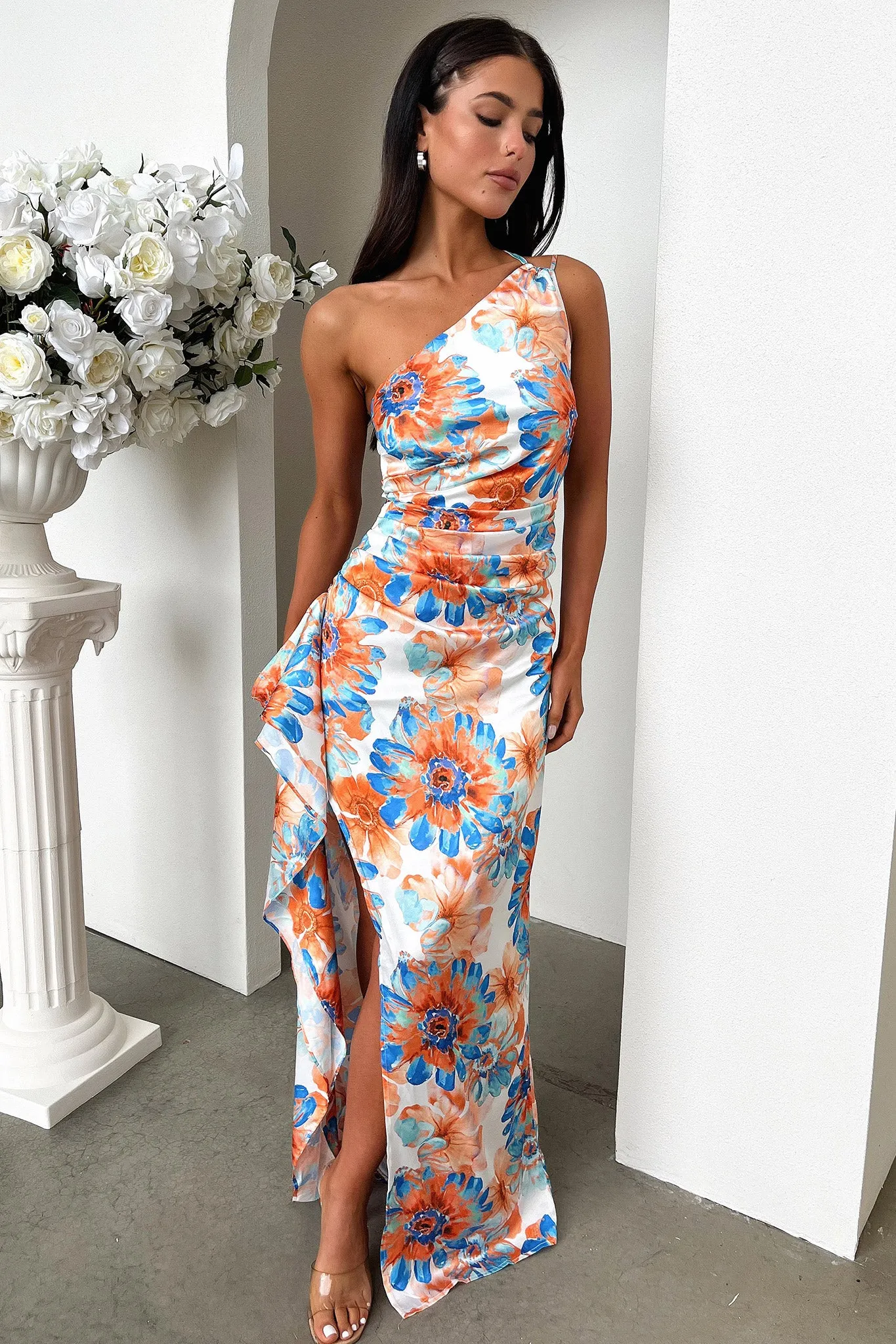 Elianna One Shoulder Satin Maxi Dress - Blue Floral sold by Thats So Fetch product image thumbnail 2