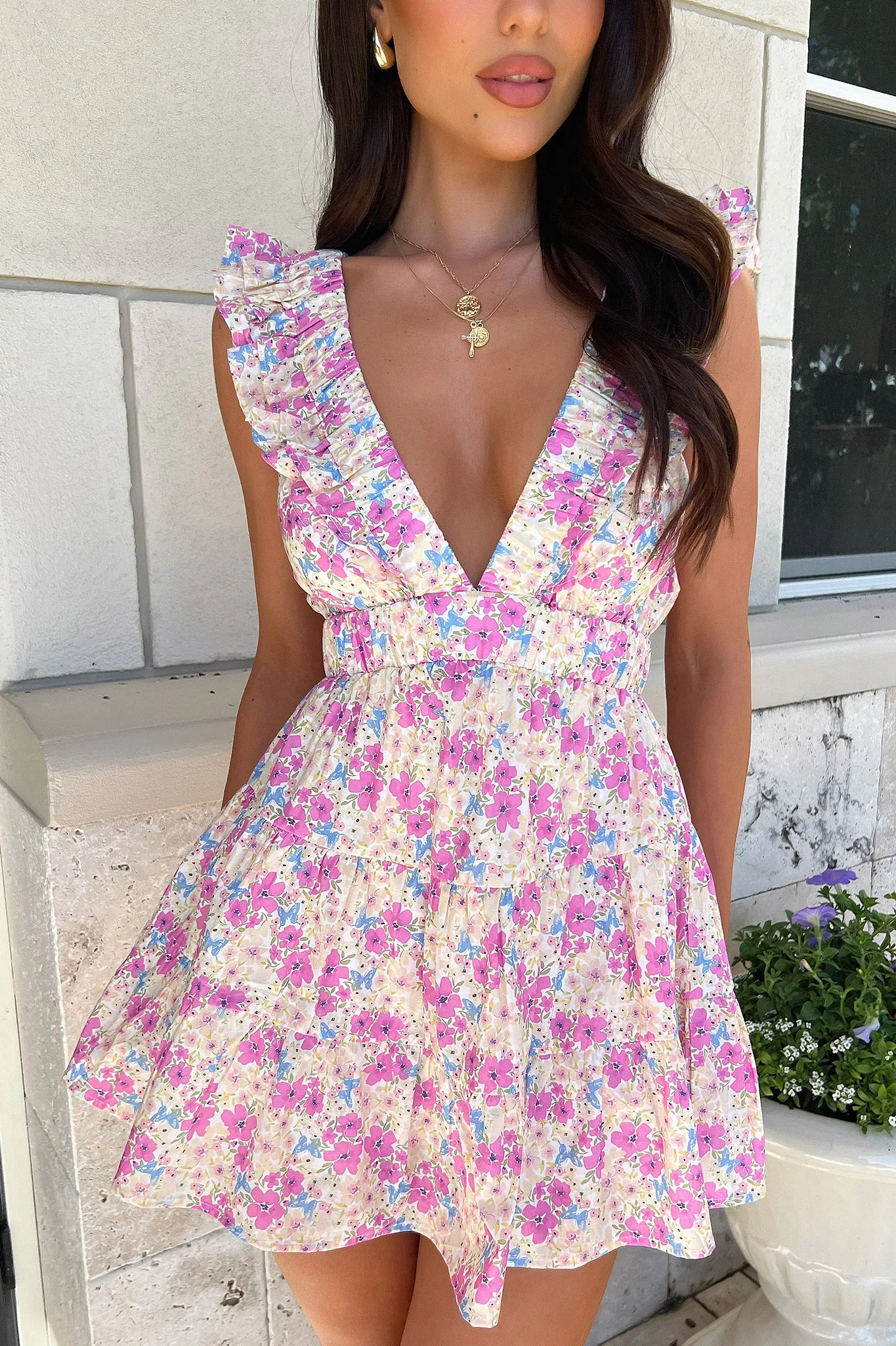 Shaylee Frill V-Neck Mini Dress - Pink Floral sold by Thats So Fetch product image thumbnail 5