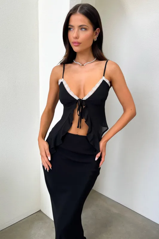 Bridget Lace Trim Tie Front Top - Black sold by Thats So Fetch