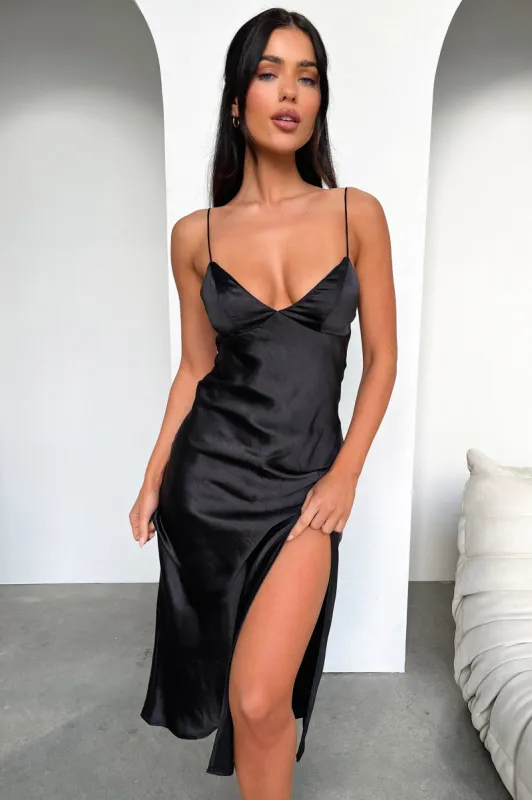 Jennifer Satin Midi Dress - Black sold by Thats So Fetch