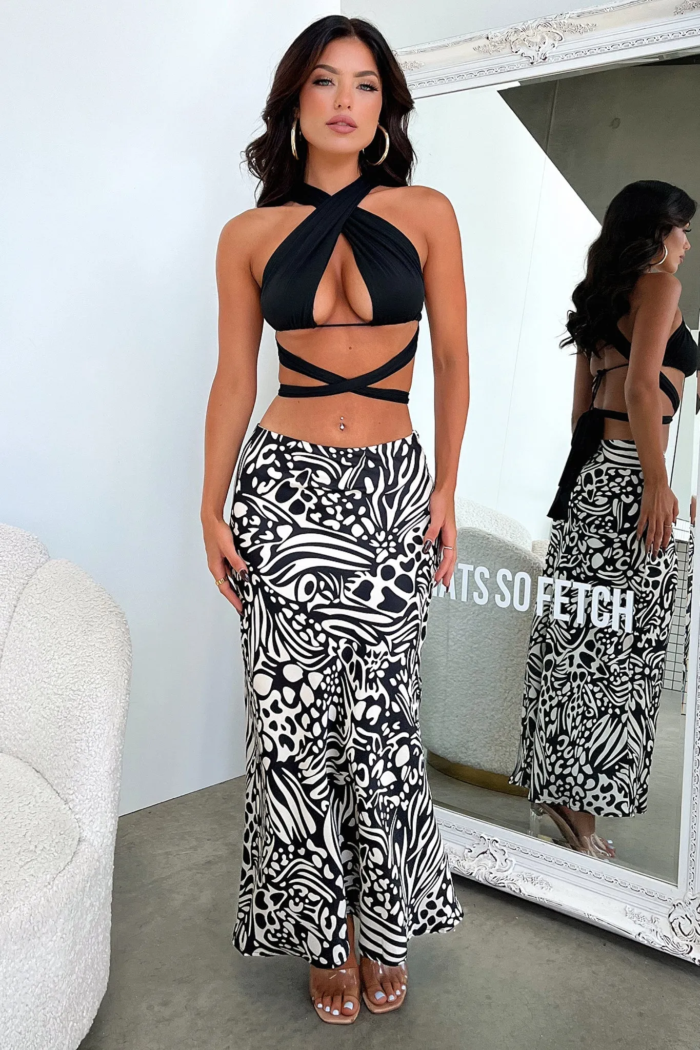 Santorini Maxi Skirt - Black / White Print sold by Thats So Fetch