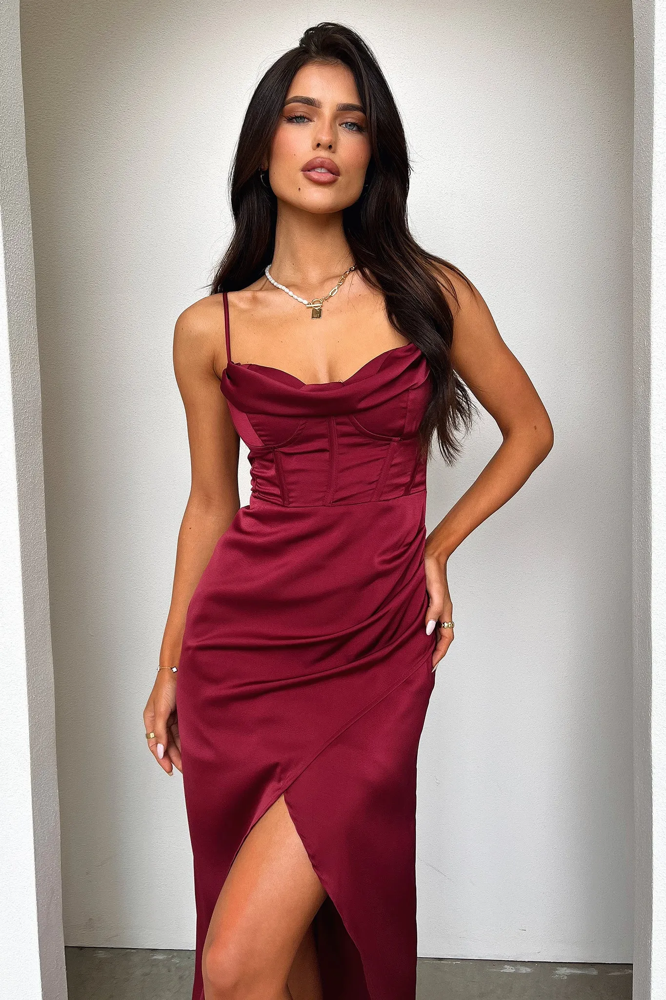 Aiana Satin Maxi Dress - Burgundy sold by Thats So Fetch product image thumbnail 2
