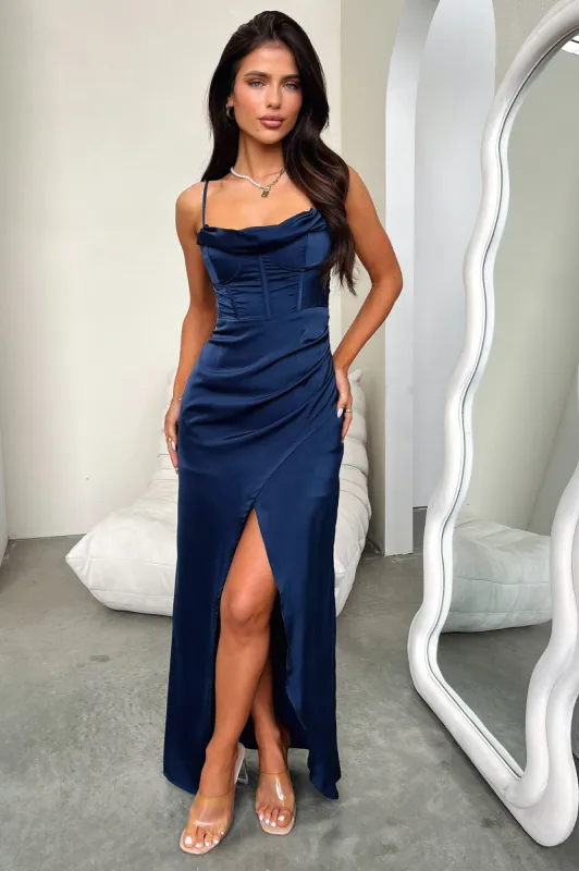 Aiana Satin Maxi Dress - Navy sold by Thats So Fetch