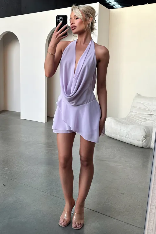Cleo Plunge Cowl Neck Mini Dress - Lilac sold by Thats So Fetch