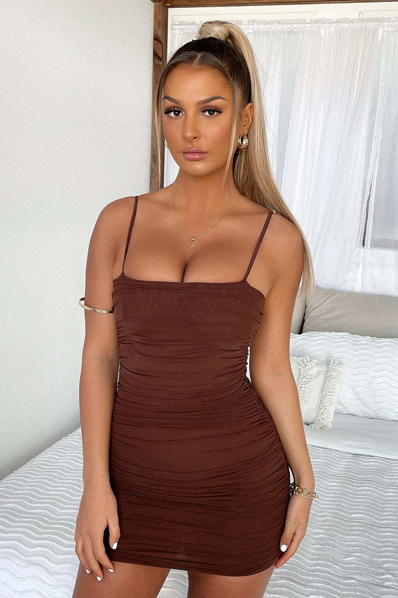 Zena Mesh Mini Dress - Brown sold by Thats So Fetch