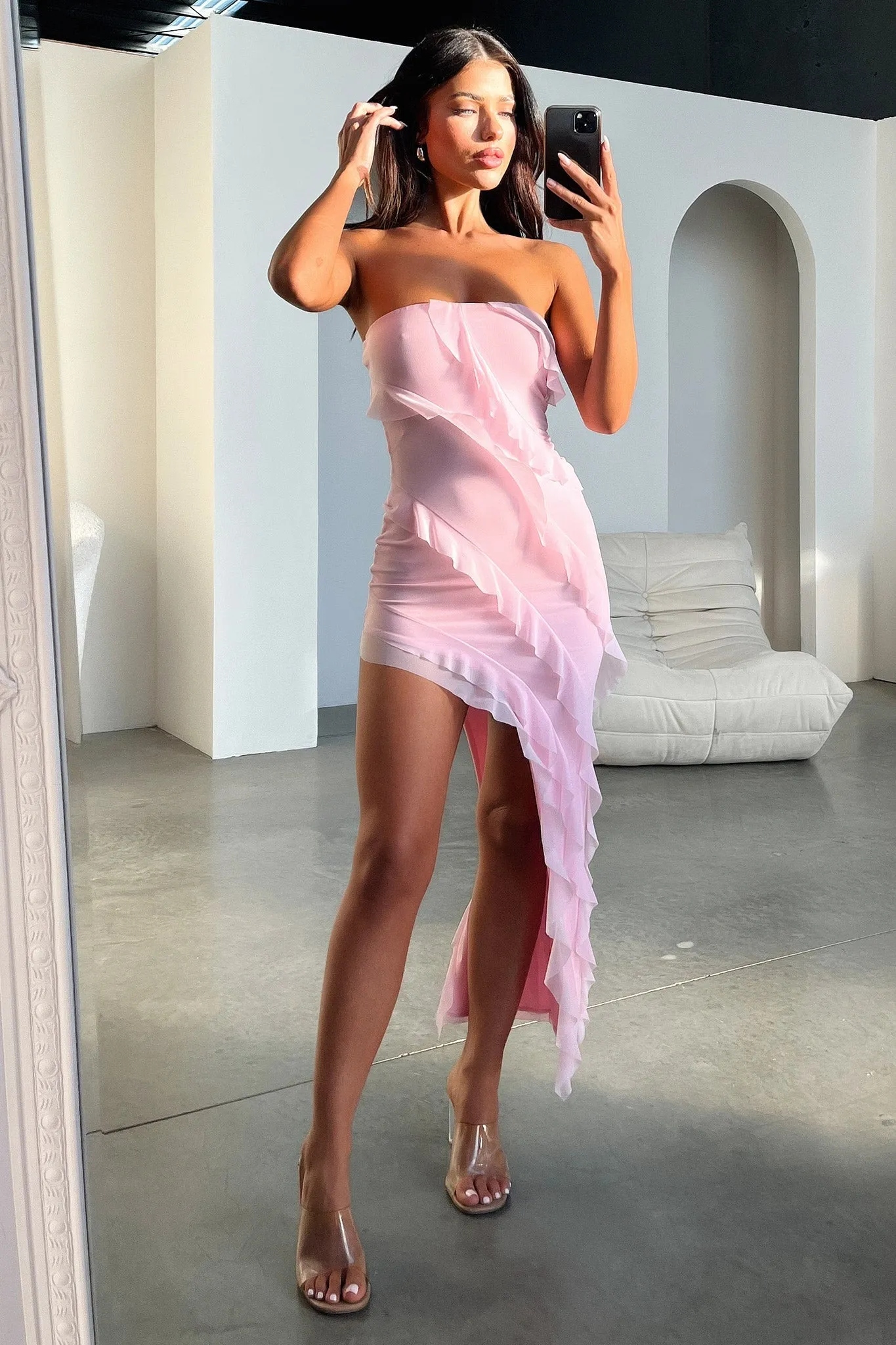 Jadore Strapless Ruffle Midi Dress - Pink sold by Thats So Fetch