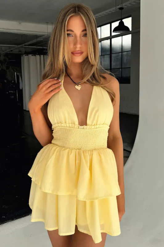 April Tiered Halter Mini Dress - Yellow sold by Thats So Fetch