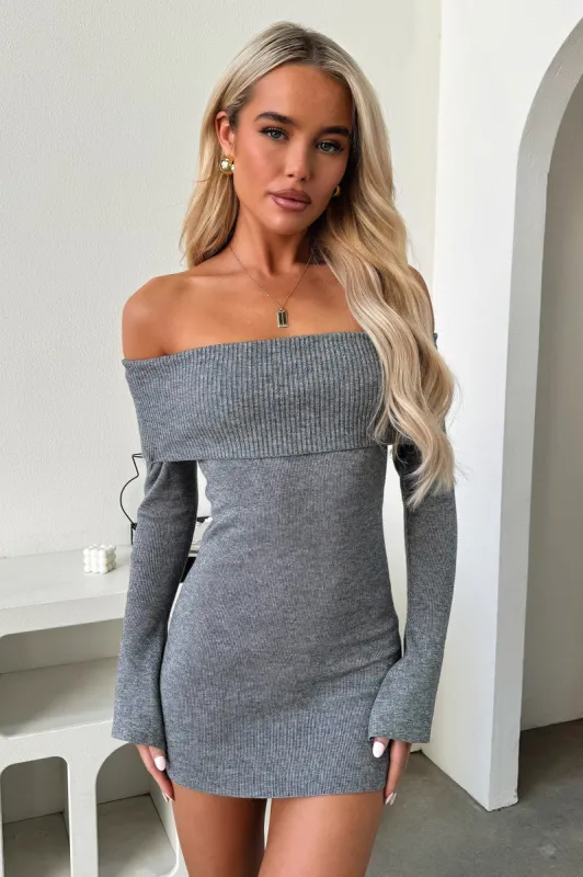 Aaliyah Off Shoulder Knit Mini Dress - Grey sold by Thats So Fetch