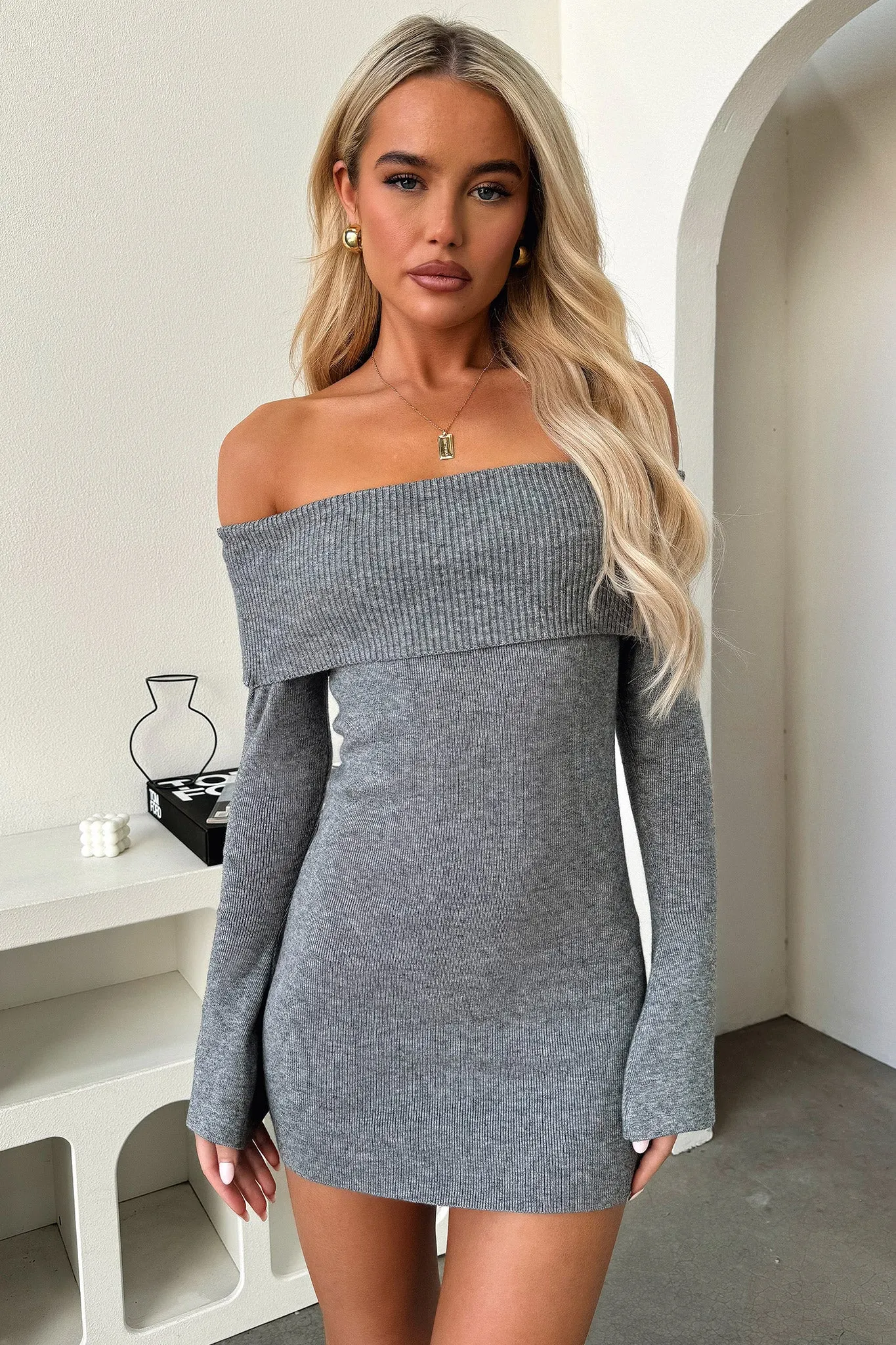 Aaliyah Off Shoulder Knit Mini Dress - Grey sold by Thats So Fetch product image thumbnail 5