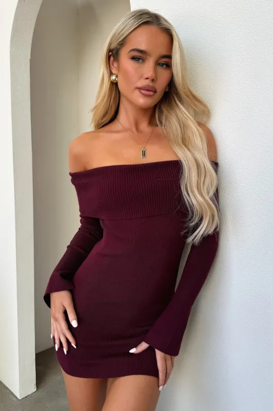 Aaliyah Off Shoulder Knit Mini Dress - Burgundy sold by Thats So Fetch