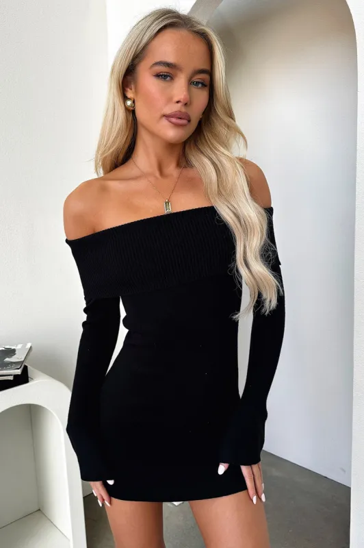 Aaliyah Off Shoulder Knit Mini Dress - Black sold by Thats So Fetch