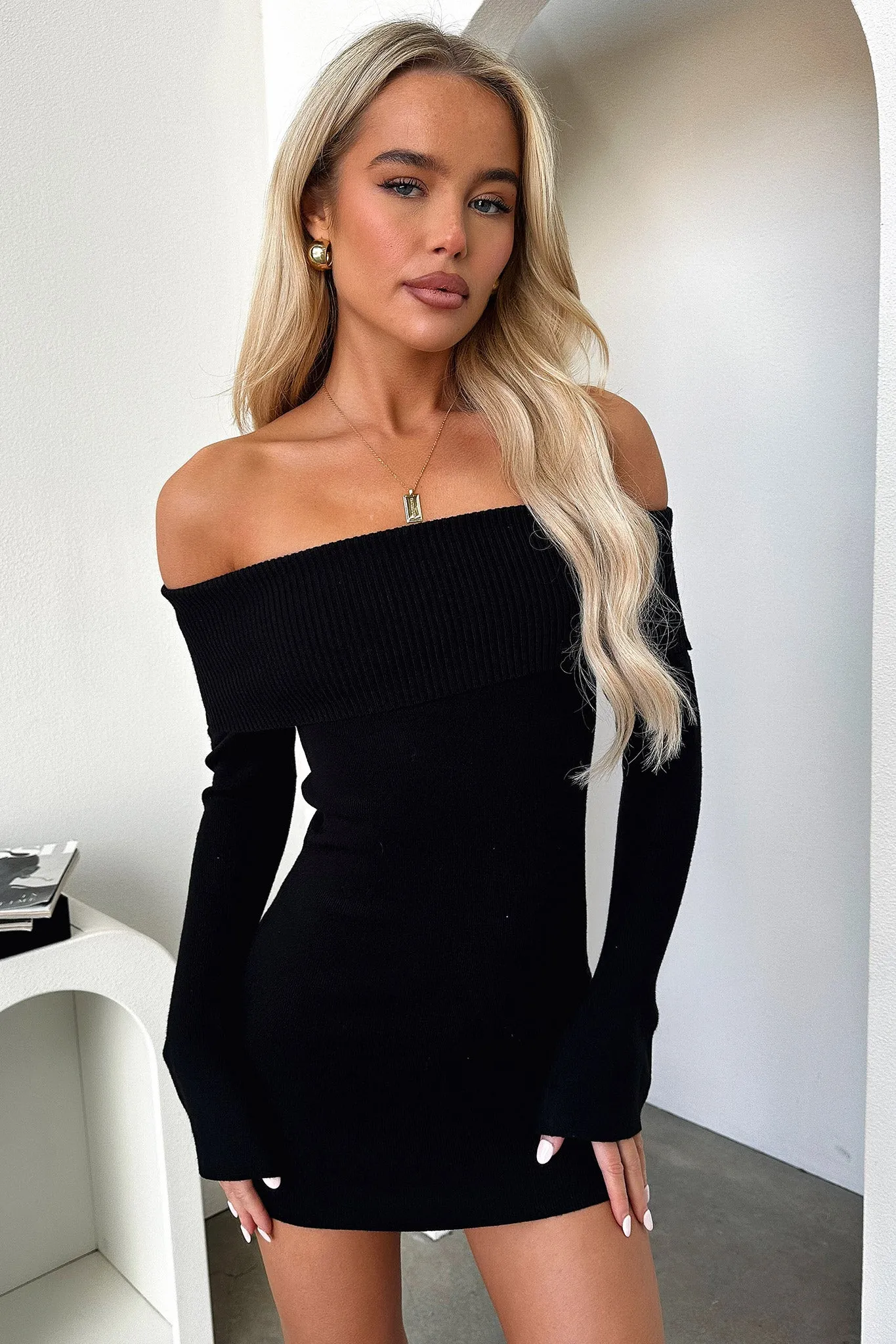Aaliyah Off Shoulder Knit Mini Dress - Black sold by Thats So Fetch