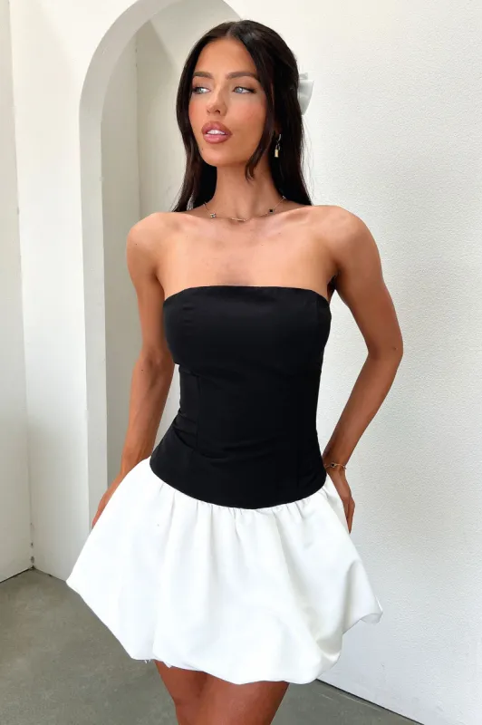 Kloe Bubble Skirt Strapless Mini Dress - White/Black sold by Thats So Fetch