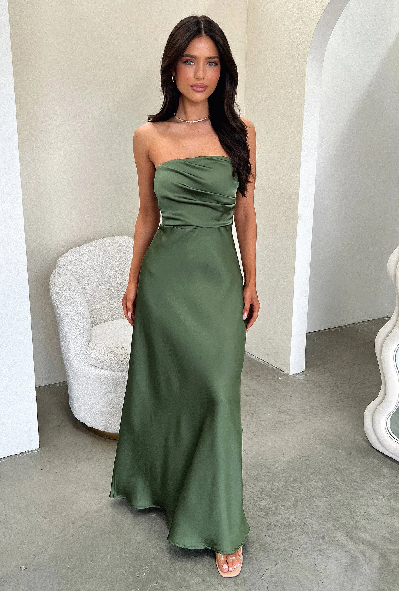 Elio Strapless Satin Maxi Dress - Olive sold by Thats So Fetch product image thumbnail 3