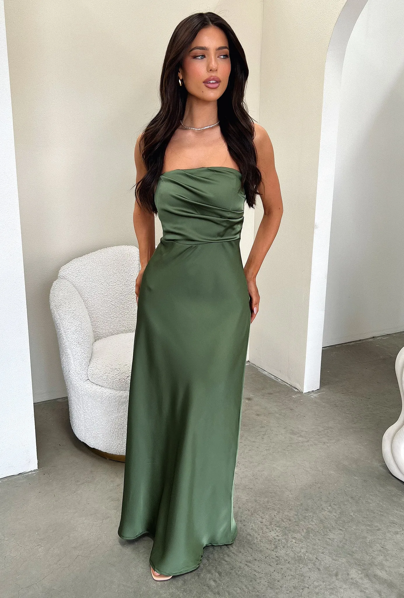 Elio Strapless Satin Maxi Dress - Olive sold by Thats So Fetch product image thumbnail 4